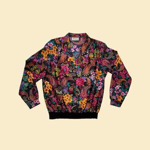 Vintage 70s/80s floral womens shirt by Joanna, 1970s black & pink blouse